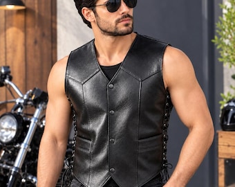 Western Leather Vest , Genuine Cowhide Biker Vest, Side Lace Motorcycle Vest, 4 Snap Button Western Style