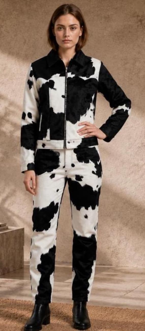 Women's Cowhide Leather Blazer Pants Set, Western Cow Print Suit