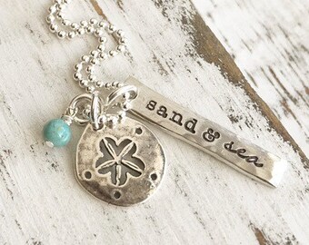 Beach Necklace . Beach Jewelry . Sand Dollar Necklace . Sand & Sea . Personalized . Handmade Jewelry . Engraved Jewelry . Custom Jewelry