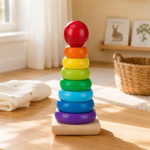 May include: A wooden stacking toy featuring a series of smooth, circular rings in a rainbow color sequence, including red, orange, yellow, light green, green, light blue, blue, and purple, topped with a solid red sphere on a square base.