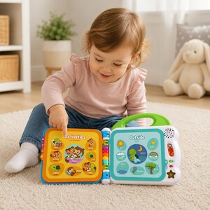 May include: An interactive electronic learning book with a white frame and a bright green handle. The left page is orange with the title Activities and illustrations of animals, while the right page is light blue with the title Outside and nature icons.