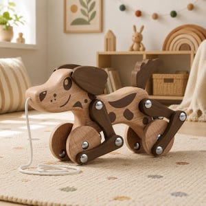 Wooden Pull Along Dog Toy | Montessori Walking Puppy | Beech Wood Push Pull Toy | Toddler Birthday Gift