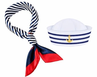 Yacht Captain Hat & Striped Scarf Set | Nautical Costume Accessory