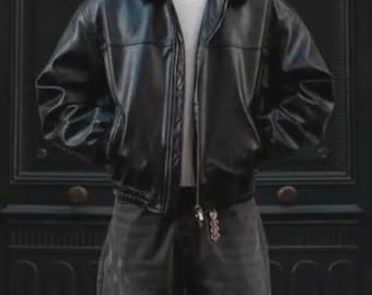 Handmade Vintage Black Leather Bomber Jacket for Mens 90s Retro