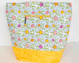 Bolsa de compras Cori Dantini XL de algodón hecha a mano con flores azules y amarillas