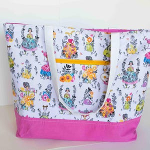 Handmade Cori Dantini Cotton Print Pink Multicolor Cat Lover Large Tote Bag