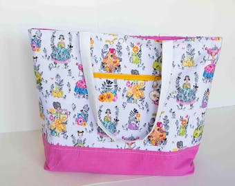 Bolso tote grande para amantes de los gatos, hecho a mano, de algodón Cori Dantini, estampado rosa y multicolor