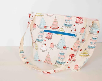 Bolso de hombro de una sola correa de algodón hecho a mano con diseño de pastel de bodas en color rosa melocotón