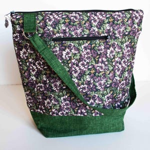 Handmade Floral Purple Green Pansy Roses Spacious Shoulder Bag Shopper Tote Retro Granny