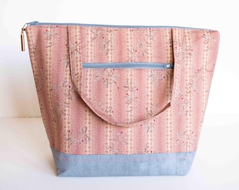 Bolso mediano bohemio vintage estilo pradera, hecho a mano, en tonos rosa melocotón y azul polvoriento