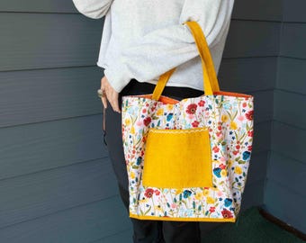 Bolso tote de algodón hecho a mano, delicado y brillante con flores