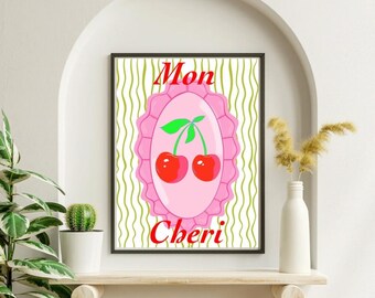 Mon Cheri Printable Wall Art, Cherry Wall Art Digital Download, Vintage Fruit Illustration, Kitchen Wall Decor, Printable Art