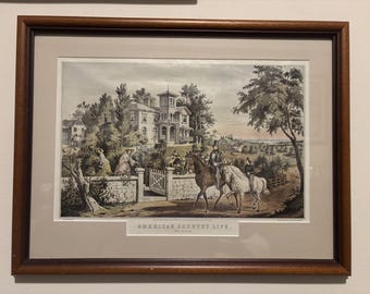 Vintage American Country Life Print | Currier Style Equestrian Wall Art | Framed Victorian Country Scene | English Manor Decor