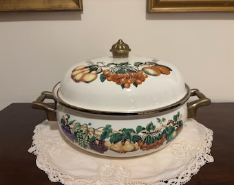 Vintage Enamel Cookware with Lid, Large Lidded Casserole Pot, Fruit Motif Kitchen Decor, Tuscan Style Serving Dish, Tabletops Unlimited