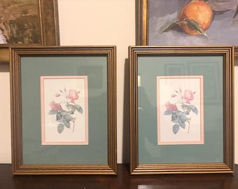 Vintage Botanical Rose Prints Set of 2 Framed Wall Art, Green Mat Gold Frame Floral Decor, Cottagecore Traditional Wall Decor
