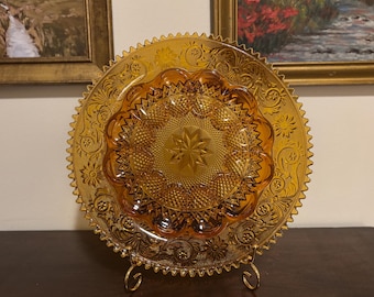 Vintage Amber Glass Egg Plate – Large 12” Pressed Glass Serving Dish – Scalloped Center – Mid Century Amber Tabletop Decor