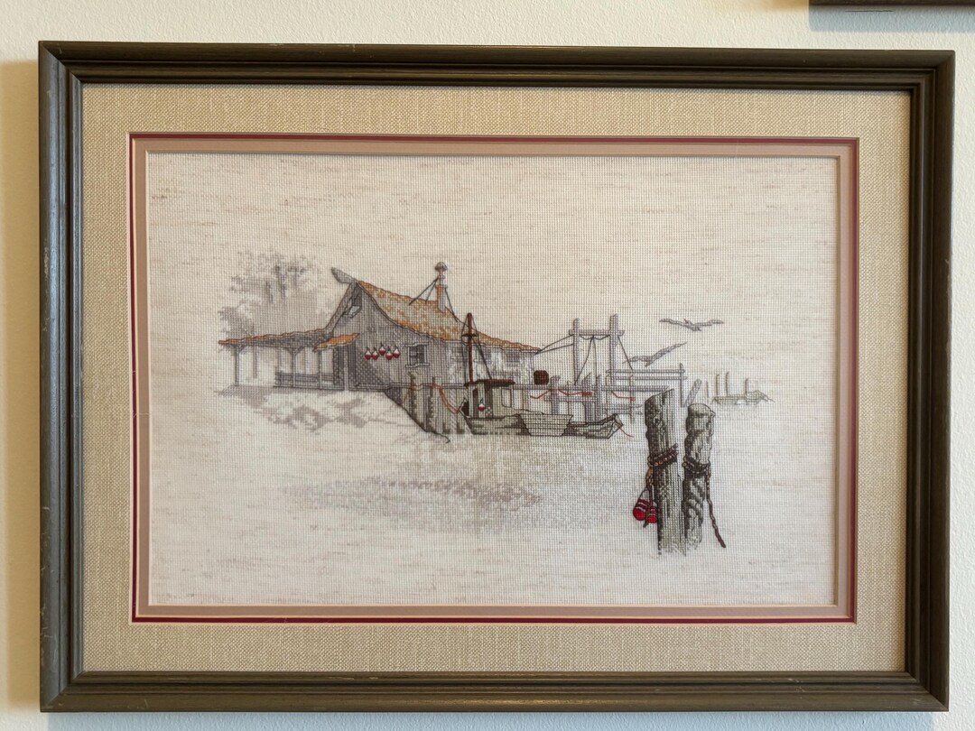 Vintage Framed Needlepoint Cottage Scene Wall Art – Handmade Embroidery ...