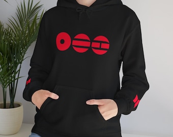 Minimal Red Geometric Circles Hooded Sweatshirt | Abstract Logo Sleeve Accents