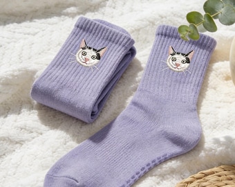 Custom Embroidered Pet Portrait Socks, Non-Slip Yoga Pilates Grips