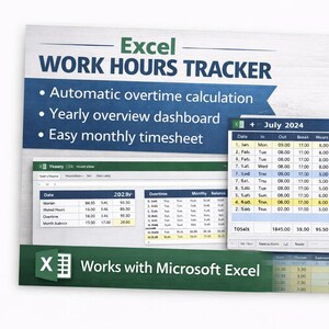 Könnte beinhalten: Ein Bild eines Excel-Arbeitszeit-Trackers. Das Bild zeigt eine Tabelle mit automatischer Überstundenberechnung, einem jährlichen Übersichts-Dashboard und einer einfachen monatlichen Zeiterfassung. Der Text "Works with Microsoft Excel" ist ebenfalls enthalten.