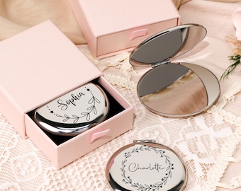 Personalized Name Compact Mirror with Pink Gift Box | Custom Pocket Mirror | Bridesmaid Proposal Gift | Party Favor | Mother's Day Gift