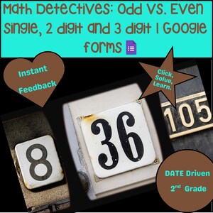 Op de afbeelding: Een educatieve afbeelding met de tekst "Math Detectives: Odd VS. Even" en "single, 2 digit and 3 digit | Google forms". De afbeelding bevat nummerborden met de nummers 8, 36 en 105. Extra tekst is "Instant Feedback", "Click, Solve, Learn" en "DATE Driven 2nd Grade".