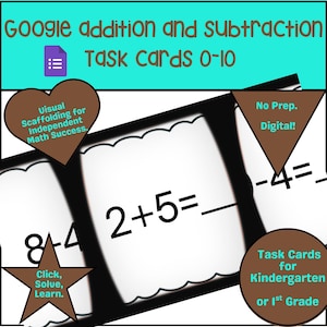 May include: Educational task cards for Google, featuring addition and subtraction problems for kindergarten and first grade. The cards are digital and require no preparation. The image includes the text "Google addition and subtraction Task Cards 0-10".