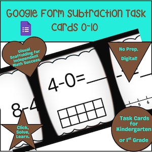 May include: Educational cards for Google Form subtraction tasks, featuring numbers 0-10. The cards include math problems like 4-0=_, with visual aids and the text "Click, Solve, Learn." Designed for kindergarten or 1st grade, with the text "No Prep. Digital!"