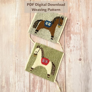 May include: Two woven horse designs, one brown and one white, on square backgrounds. The brown horse has a blue saddle, and the white horse has a red saddle. The text "PDF Digital Download Weaving Pattern" is at the top.