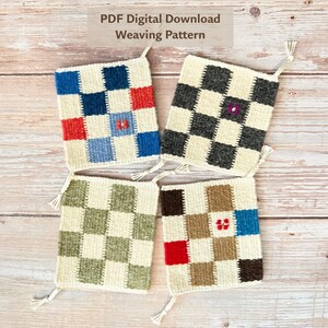 May include: Four square woven coasters featuring a checkered pattern with tassels at the corners. The coasters display various colour combinations including blue, red, green, brown, and cream. Text at the top reads PDF Digital Download Weaving Pattern.