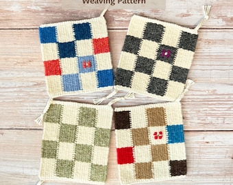 May include: Four square woven coasters featuring a checkered pattern with tassels at the corners. The coasters display various color combinations including blue, red, green, brown, and cream. Text at the top reads PDF Digital Download Weaving Pattern.