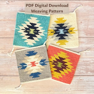 May include: Four woven square coasters in teal, cream, grey, and coral, each with a geometric pattern. The coasters have a fringe detail on one corner. Text at the top reads "PDF Digital Download Weaving Pattern."