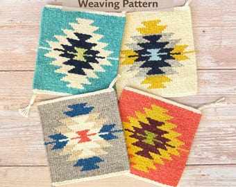 May include: Four woven square coasters in shades of teal, cream, gray, and coral, each with a geometric pattern. The coasters have a fringe detail on one corner. Text at the top reads "PDF Digital Download Weaving Pattern."