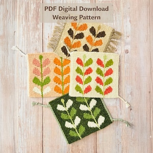 May include: Four square woven coasters with floral designs in various colors, including beige, orange, green, and pink. The coasters have a fringe detail and a loop for hanging. The text "PDF Digital Download Weaving Pattern" is at the top.
