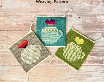 May include: Three woven square coasters with a coffee cup design and a heart above it. The coasters are in teal, gray, and green, with white trim and tassels. The text "PDF Digital Download Weaving Pattern" is at the top.