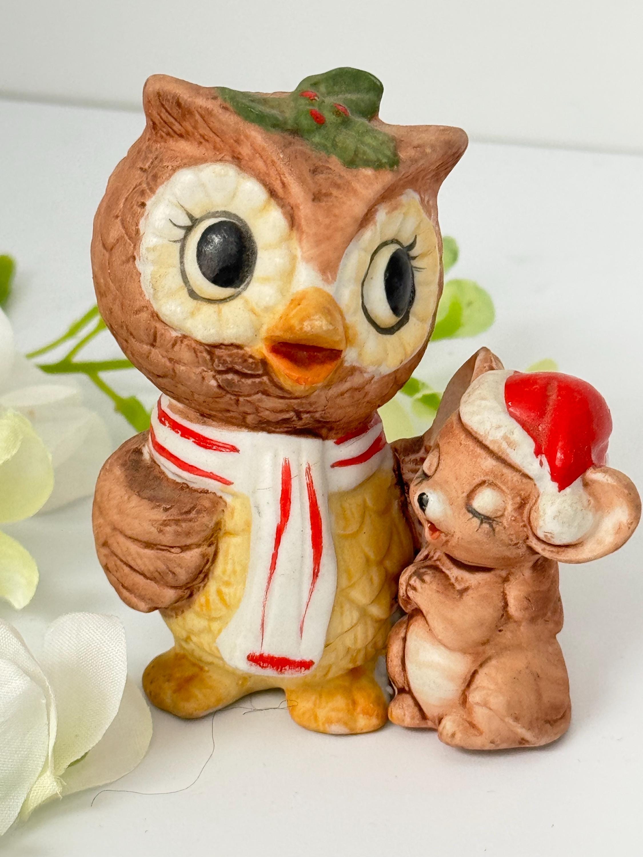 Vintage Christmas Owl & Mouse Figurine Taiwan Ceramic Holiday Decor Cute Retro MCM Owl Figure Ki
