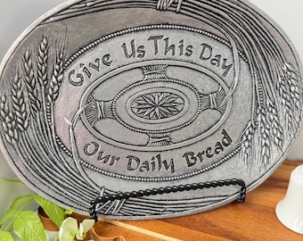 Vintage Carson Pewter Brottablett Platte “Give Uns heute unser tägliches Brot” Oval Weizen Serviertablett Bauernhaus Küche Dekor USA Made