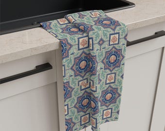 Paño de cocina con estampado geométrico de azulejos marroquíes / Ropa de cocina con estampado azul y verde