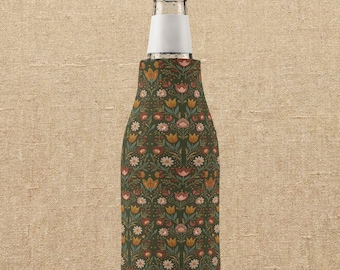 Etui termiczne na butelkę z zamkiem błyskawicznym w stylu vintage Cottagecore z kwiatowym wzorem | Wzór zielonego tulipana