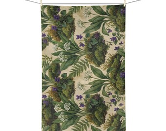 Paño de cocina/toalla de microfibra con estampado botánico vintage de helechos y violetas.