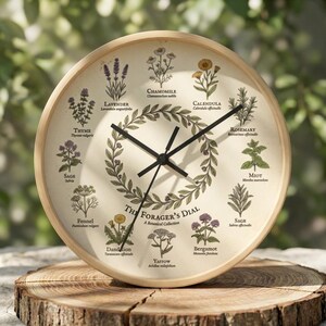May include: A round wooden clock with a cream-colored face featuring illustrations of herbs and flowers. The clock face includes the text "The Forager's Dial" and the names of the plants. Black clock hands indicate the time.