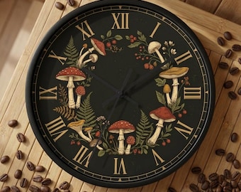 Vintage Pilz Kranz Wanduhr | Botanische römische Ziffern