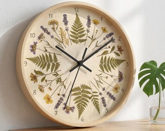 Pressed Fern and Wildflower Wall Clock | Botanical Floral Home Decor