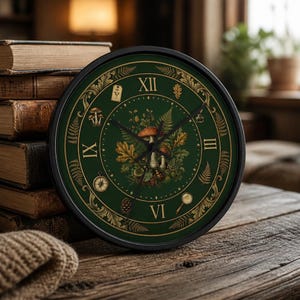 Puede incluir: Un reloj de pared redondo con marco negro y esfera verde oscuro con números romanos dorados. El centro muestra una ilustración botánica de setas, helechos y hojas de roble, acentuada por pequeños iconos de una brújula y una lupa.