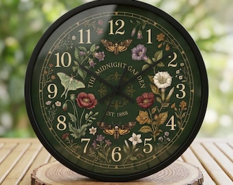 Vintage Floral Garden Clock | Botanical Wall Clock, Dark Green Floral Design