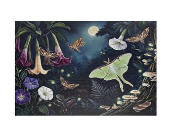 Rompecabezas estilo Cottagecore oscuro / Polilla Luna, Flor de Luna, Decoración de pared Jardín Nocturno