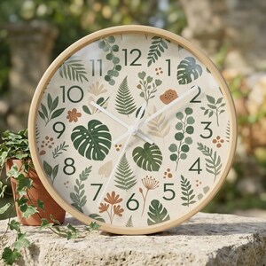 May include: A round wall clock with a light wood frame and a cream-colored face. The clock features a botanical pattern of green monstera leaves, ferns, and small brown flowers. It has dark green numbers from 1 to 12 and three white clock hands.