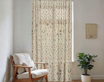 Cortina transparente con delicado estampado de flores silvestres / Estampado botánico de flores pequeñas, panel transparente neutro