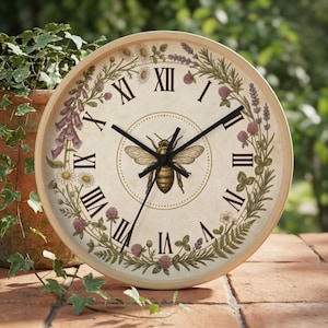 Könnte beinhalten: Runde Wanduhr aus Holz mit einer Bienenillustration in der Mitte. Das Zifferblatt zeigt römische Ziffern und ist von einem floralen Kranz aus Lavendel, Gänseblümchen und Klee umgeben. Schwarze Zeiger zeigen die Uhrzeit an.