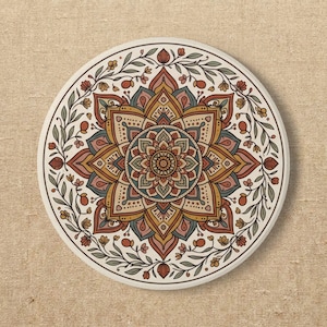 May include: A circular ceramic coaster featuring a detailed mandala pattern in shades of terracotta, mustard yellow, sage green, and dark blue. The central geometric design is surrounded by a delicate border of small flowers and leafy vines.